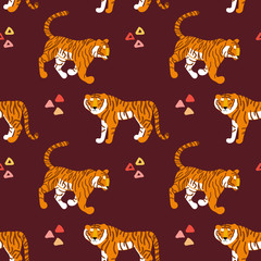 Fototapete - Tigers. Vector hand drawn seamless pattern. Ornament with predators. Wild cats background.