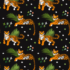 Aufkleber - Tigers. Vector hand drawn seamless pattern. Ornament with predators. Wild cats background.