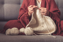 Knitting.Crocheting A Hobby And Lifestyle, Woman's Hands Knit From Light Yarn At Home, Mood, Comfort, Zero Waste, Handmade,lagom Hugge Cozy,long Banner