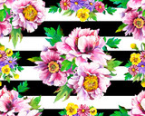 Fototapeta Sypialnia - Spring seamless illustrations with purple watercolor peonies, pansies . Floral pattern with wild flowers on a striped black and white background for your design and decor.
