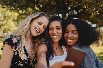 Poster - Close-up smiling friendly cheerful happy attractive group of friends taking a selfie on mobile phone in the park on a sunny day