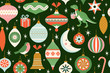 © Angelina Bambina - Merry Christmas and New Year card with various of Christmas toys and present in in retro mid century modern style. Winter holidays seamless pattern in vector.