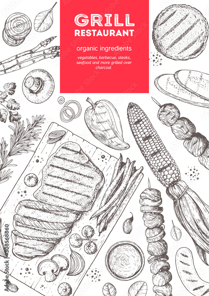 Grilled meat and vegetables top view frame. Vector illustration ...