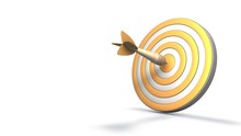3D Rendering Of A Golden Target And A Golden Dart In The Center. Free Space For Text. Isolated Illustration On White Background, The Idea Of Financial Success, Prosperity And Well-being.