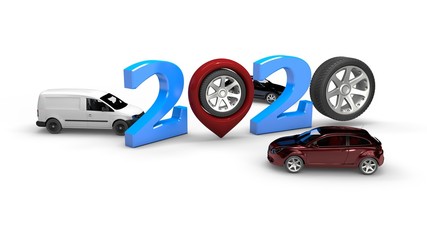 Wall Mural - 3D rendering of 2020 new year date formed by numbers and pins of navigators instead of zeros. Wheels and car are complementary to the composition. Idea for calendar isolated on white background.