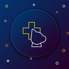 White and yellow line Veterinary clinic symbol icon isolated on dark blue background. Cross with dog veterinary care. Pet First Aid sign. Colorful outline concept. Vector Illustration