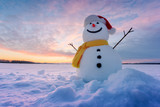 Fototapeta Na sufit - Funny snowman in red santa hat and yellow scalf on snowy field. Christmass and New Year background