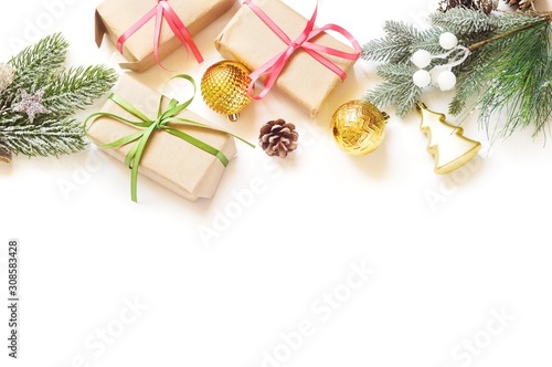 Download Christmas And New Year Photo Green Fir Tree Branch Wrapped Gift Boxes Golden Baubles Xmas Decor Elegant Ornament And Present Mockup Free Space For Text Stock Photo Adobe Stock