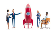 Team Developing An Innovative Product. 3d Illustration.  Cartoon Characters. Successful Startup Rocket.