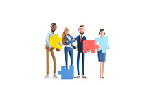 People Connecting Puzzle Elements. 3d Illustration.  Cartoon Characters. Business Teamwork Concept On White Background.