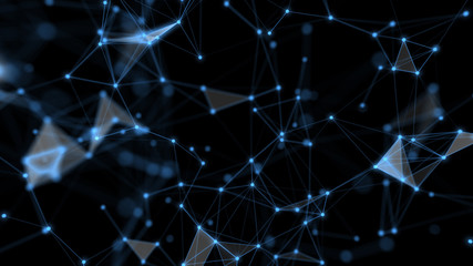Technology network and communication with line and dot moving with transfer information data line and dot on blue background.