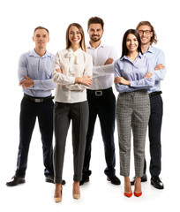 Group of friends in formal clothes on white background