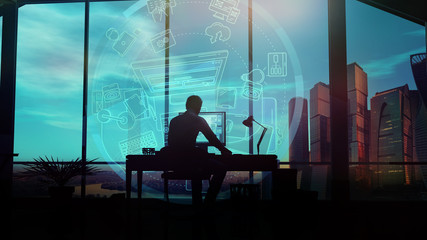 Silhouette of a web designer working on infographic background.