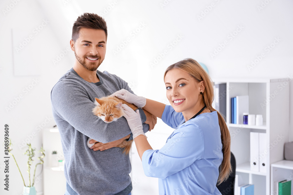 Owner with cat visiting veterinarian in clinic