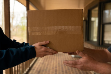 Postal Service Delivering Package to Homeowner. Package Delivery, Handing Box to Customer.