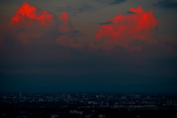 Blurry background Of the natural, high angle view From the viewpoint, you can see the colorful sky and see the houses surrounded.