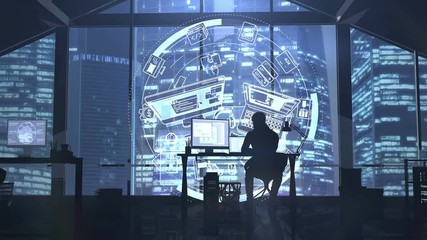 silhouette of a web developer on the background of evening skyscrapers