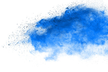 Wall Mural - Abstract brown powder explosion. Closeup of blue dust particle splash isolated on white  background