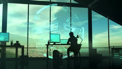 Male web developer silhouette and virtual infographics.