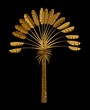 Golden palm tree single. Vector drawing on black background.
