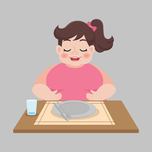 Fat Full Woman With Empty Dirty Plate After Eaten Weight Loss Healthcare Concept Cartoon.