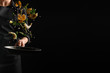 © Anton - Seafood, frying shrimp with vegetables, a chef on a black background. Advertising banner for the sale of seafood, on a black background for design