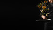 Seafood, frying shrimp with vegetables, a chef on a black background. Advertising banner for the sale of seafood, on a black background for design