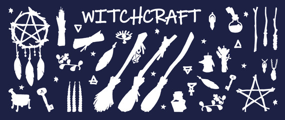 Wall Mural - Witchcraft. Wicca and pagan tradition. Magical items. Hand drawn elements: witch's broom, magic wand, dreamcatcher, candles, mortar, elixirs, etc. Occult Symbols Silhouette. Stock illustration.