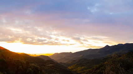 Wall Mural - Sunrise morning landscape on a green forest mountain valley in Catalonia mountains