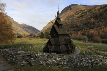 Poster - wooden Borgund viking stave church in Norway