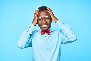 young man with headache isolated on white