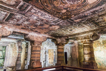 Wall Mural - AJANTA, INDIA - FEBRUARY 6, 2017: Interior of a Buddhist cave carved into a cliff in Ajanta, Maharasthra state, India