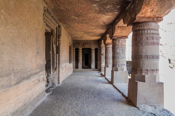 Wall Mural - AJANTA, INDIA - FEBRUARY 6, 2017: Monastery (vihara) carved into a cliff in Ajanta, Maharasthra state, India