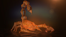 Poisonous Emperor Scorpion Of Wildlife, 3d Rendering Of Crystal Glass Coating In Dark Background