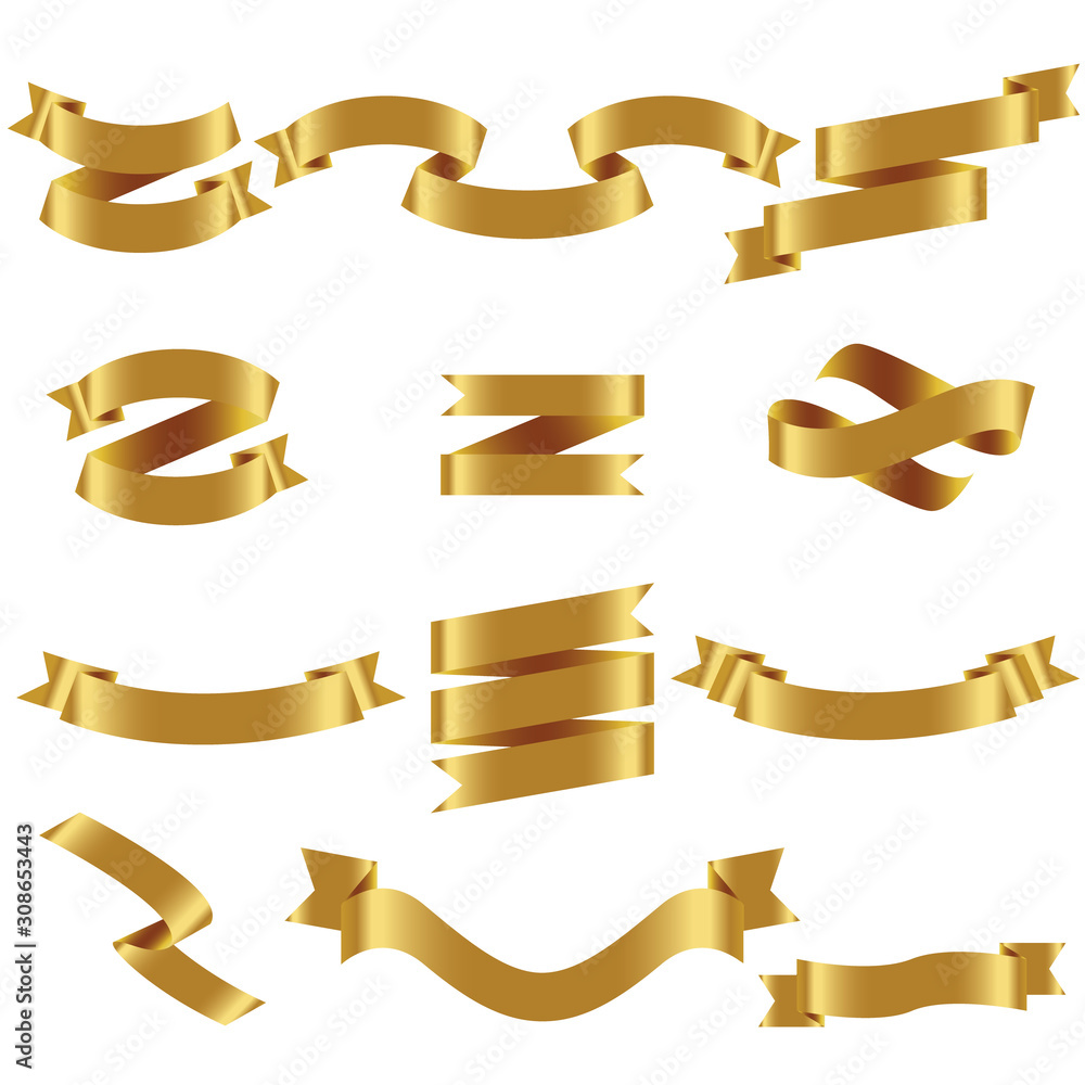 GOLD Ribbon Set In Isolated For Celebration And Winner Award Banner ...