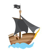 Wooden Pirate Buccaneer Filibuster Corsair Sea Dog Ship Icon Game, Isolated Flat Design. Color Cartoon Frigate. Vector Illustration