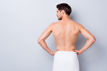 Back Rear Profile Side Photo Of Handsome Macho Man Stand Look Copyspace After Gym Training Gym Shower Feel Skin Smooth Silky Have White Towel Isolated Over Grey Color Background