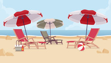 Sea Vacation Beach Chairs. Place For Reflection, Relaxation And Renewal To Experience Journey Therapy, Family Friendly Resort Welcoming And Waiting For Tourist. Vector Flat Style Cartoon Illustration