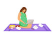 © IMGvisualsCharacters - Pregnant freelancer woman with laptop doing her work flat vector illustration. Distant worker. Young girl making worktask sitting on floor cartoon character on white background