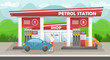 Vector illustration of a car filling station with a shop. Petrol station in the country side