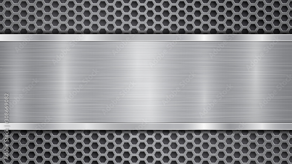 Background in gray colors, consisting of a metallic perforated surface with holes and a polished plate with metal texture, glares and shiny edges - obrazy, fototapety, plakaty 