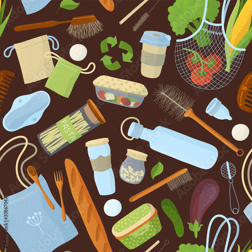 Papel de parede Recyclable food and accessories, kitchen items seamless pattern