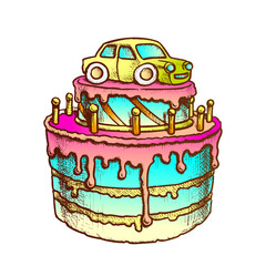 Canvas Print - Birthday Cake Decorated With Car Retro Vector. Boy Birthday Celebrate Creamy Pie With Candles And Auto Toy Engraving Template Hand Drawn In Vintage Style Color Illustration