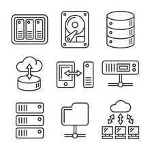 Networking File Share And NAS Server Icons Set. Line Style Vector