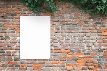 Blank Poster Attached To Brick Wall With Copy Space Beside. Blank Paper For Print Add Presentation Mockup