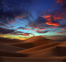 Beatiful Landscape With Sand Dunes In Sahara Desert At Sunset