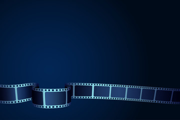 Realistic 3D cinema film strip in perspective. Film reel frame isolated on blue background. Vector template cinema festival with place for text. Movie design for brochure, poster, banner or flyer.