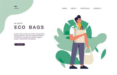 landing page template for websites with young man are carrying eco bags with purchases. eco grocery 