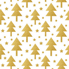 Wall Mural - Beautiful Golden Christmas Pattern with Snowflakes, Trees and Stars. Endless Glitter Shape.