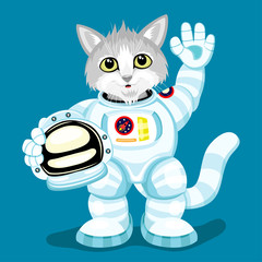 Sticker - Cute cat in an astronaut costume on a blue background.